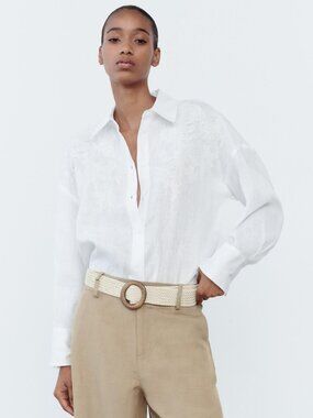 ZARA ZW COLLECTION WOMEN WHITE EMBROIDERED LINEN SHIRT SIZE XS NWT